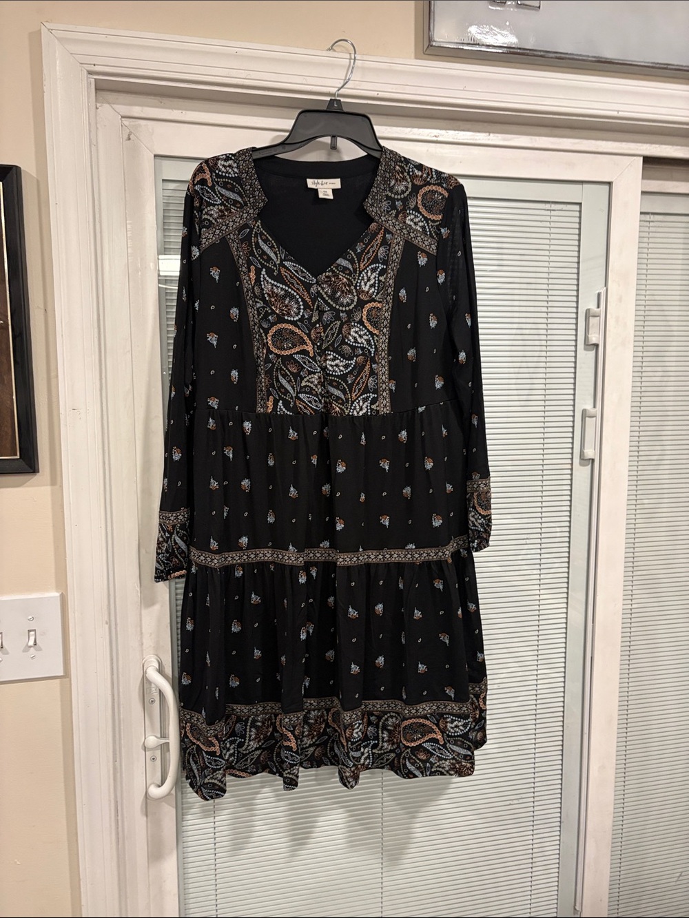 Style & Co. Black Paisley Tiered Long-Sleeve Dress with Tan and Blue Accents